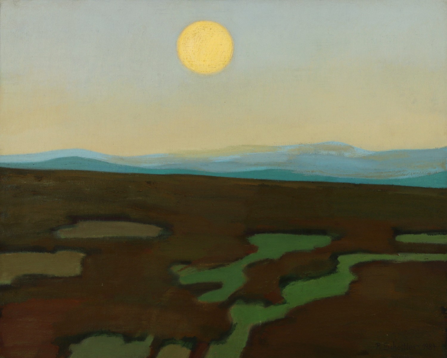 Peter Schettler, Landschaft mit rotbraunem Feld und Sonne