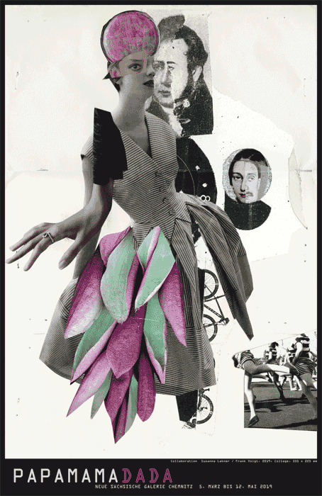 Ausstellungsplakat 2019 im Format 51x79 cm, mit Abbildung: Susanna Lakner / Frank Voigt, Mail Art, 2019, Collage, 12 Euro